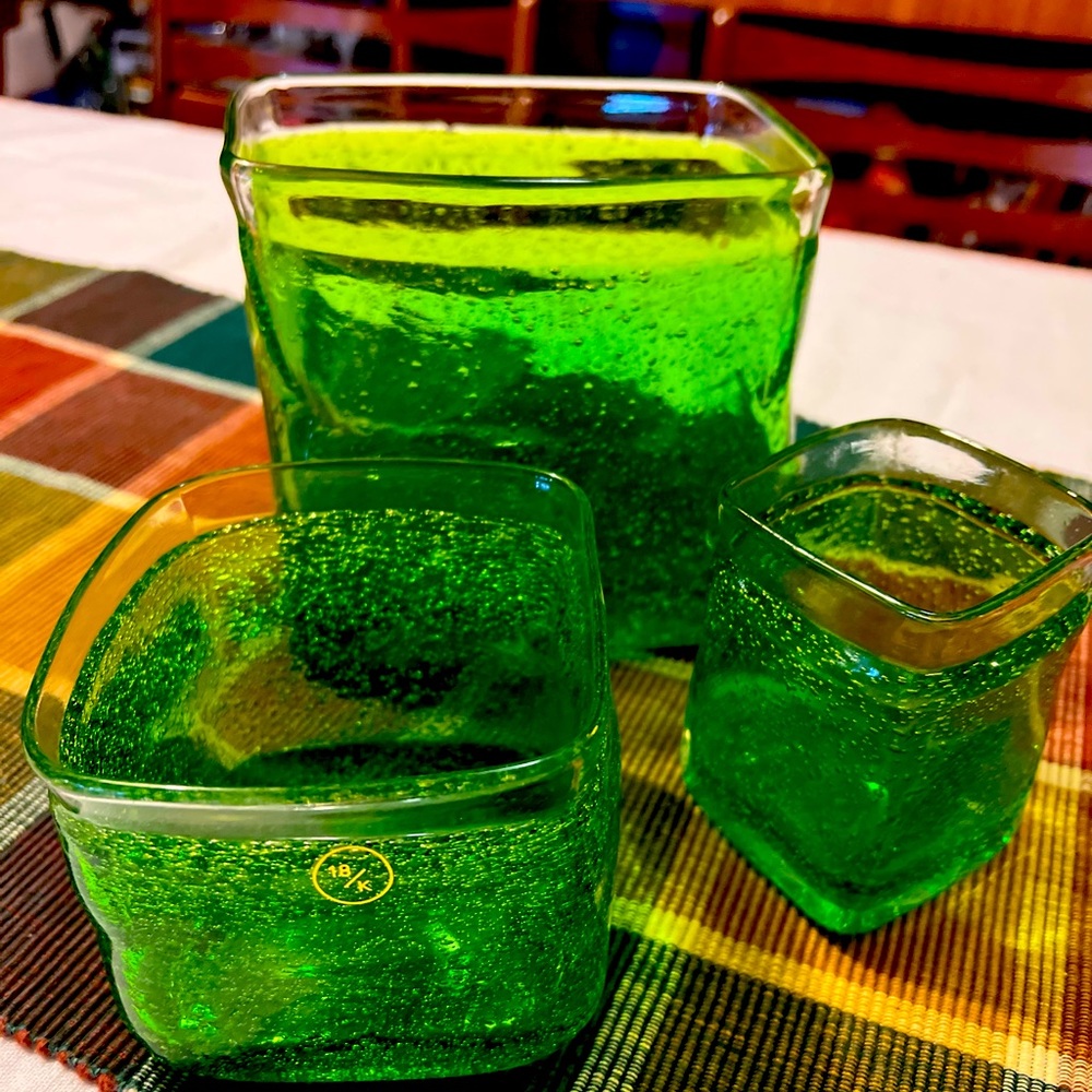 Green hand blown glass vase or planters Vintage and Hard to Find